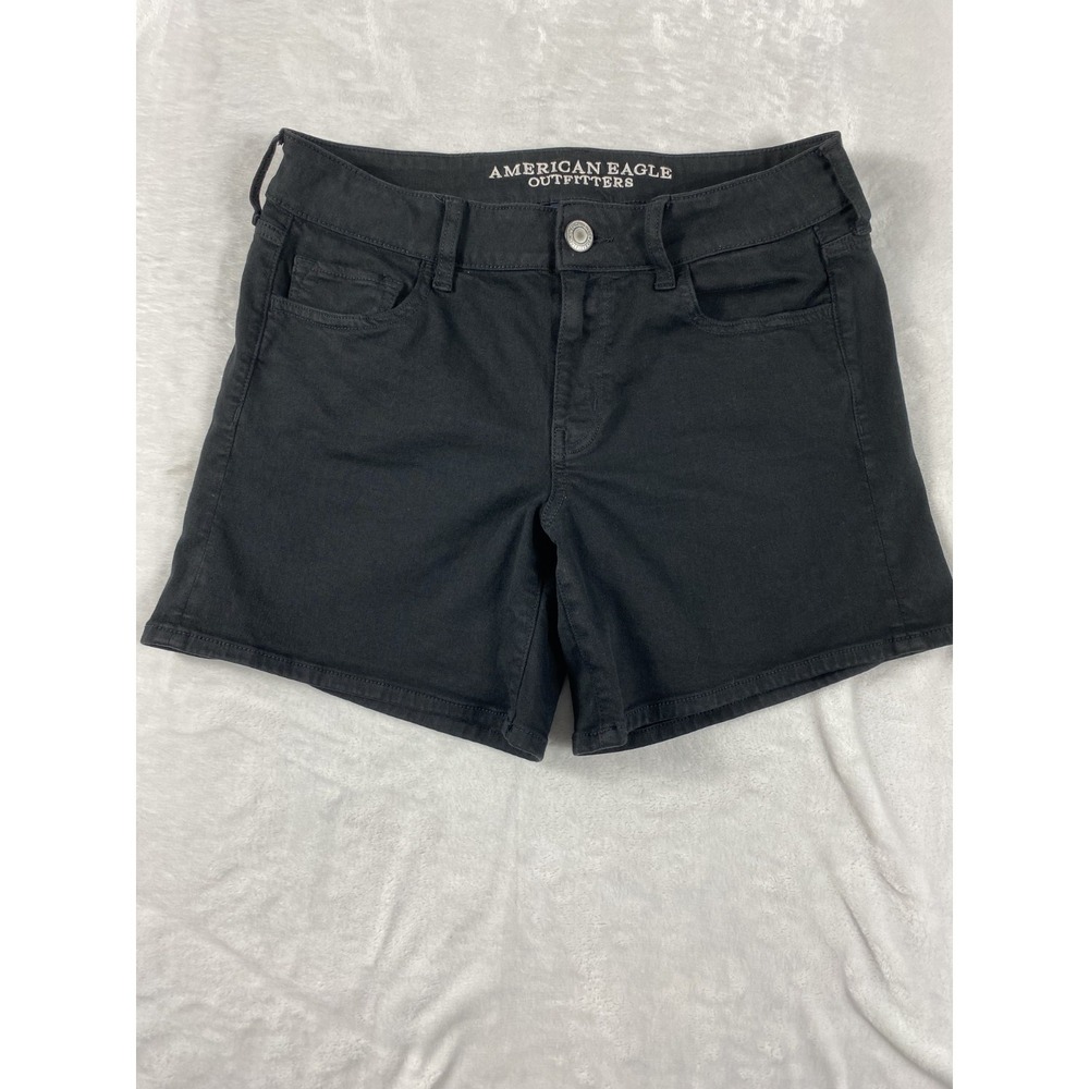 American Eagle Denim Shorts Women Sz 8 Black Mid Rise 5 In. Inseam Stretch